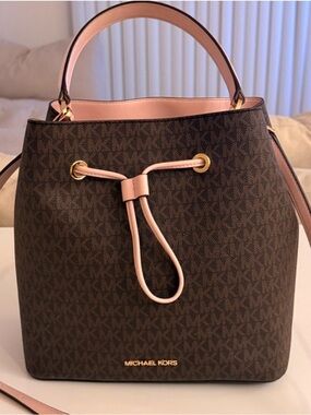 Mini Michael Kors Brown Signature Bucket Bag with Pink Trim